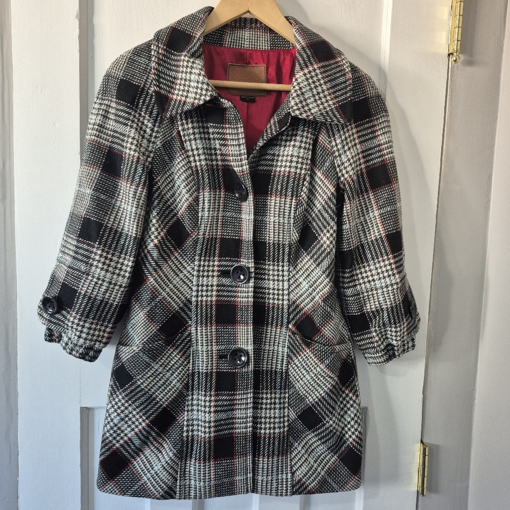 Vintage Guess Wool Blend Lined Button Up Coat Plaid Black Red Sz Xs